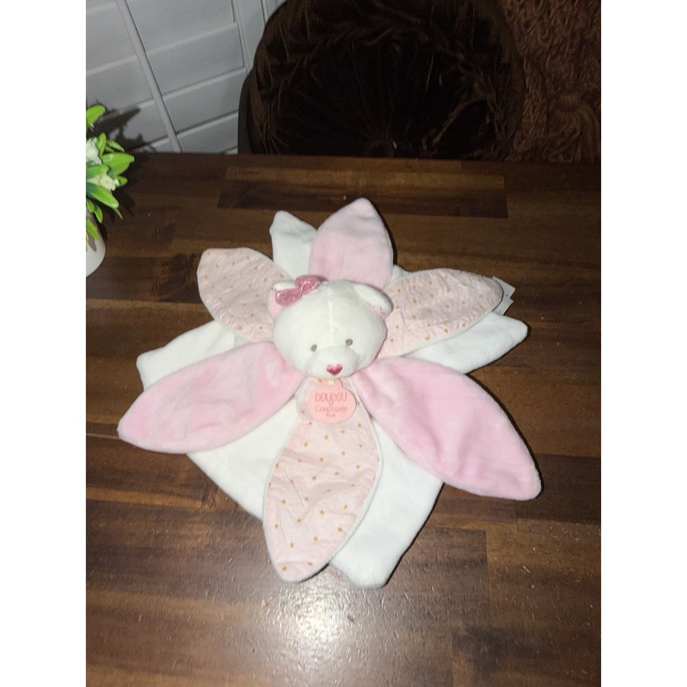 Doudou Et Compagnie Paris Plush Cat Lovey Security Blanket Pink & White Petals